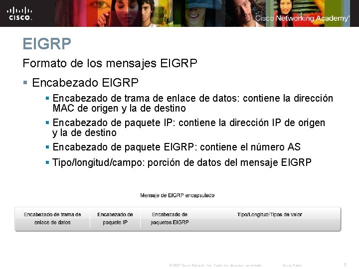 EIGRP Formato de los mensajes EIGRP § Encabezado de trama de enlace de datos: EIGRP Formato de los mensajes EIGRP § Encabezado de trama de enlace de datos: