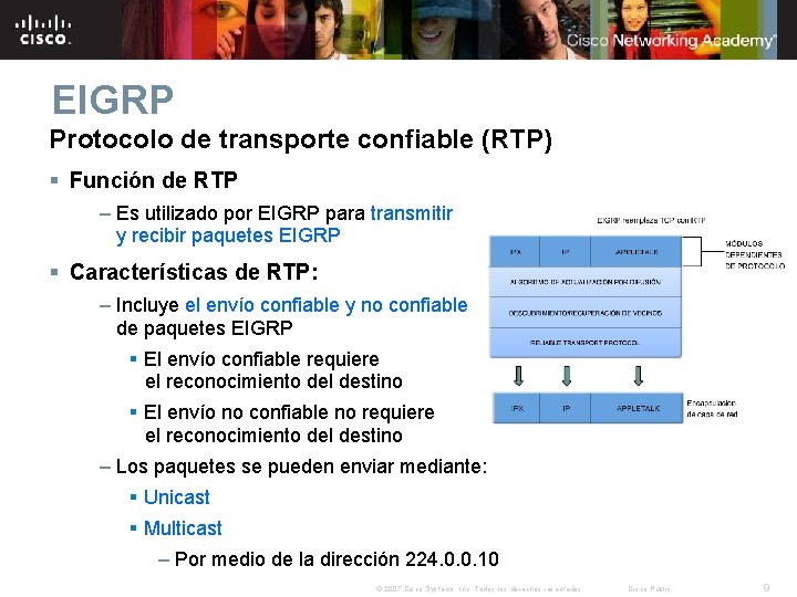 EIGRP Protocolo de transporte confiable (RTP) § Función de RTP – Es utilizado por EIGRP Protocolo de transporte confiable (RTP) § Función de RTP – Es utilizado por
