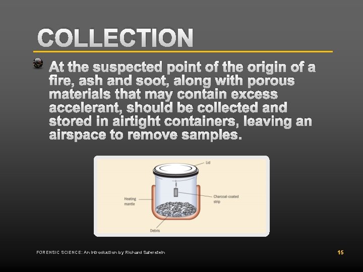 COLLECTION At the suspected point of the origin of a fire, ash and soot,