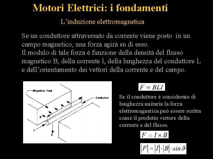 Motori Elettrici: i fondamenti L’induzione elettromagnetica Se un conduttore attraversato da corrente viene posto