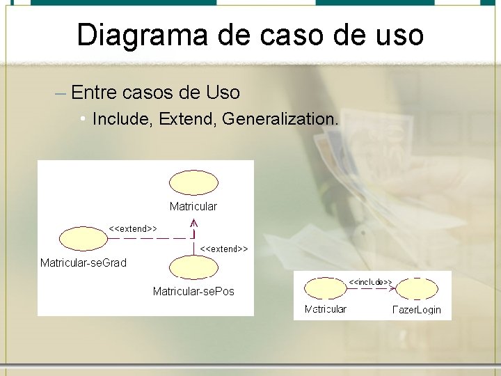 Diagrama de caso de uso – Entre casos de Uso • Include, Extend, Generalization.