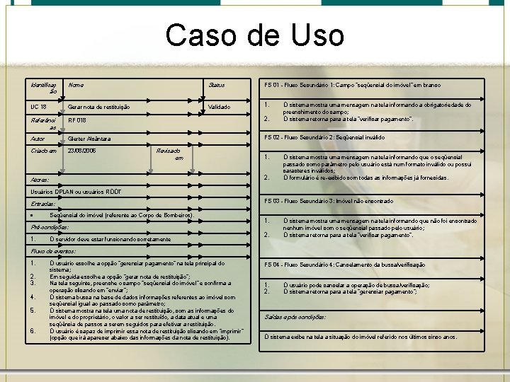 Caso de Uso Identificaç ão Nome Status FS 01 - Fluxo Secundário 1: Campo