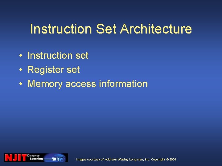Instruction Set Architecture • • • Instruction set Register set Memory access information Images Instruction Set Architecture • • • Instruction set Register set Memory access information Images