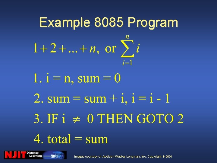 Example 8085 Program Images courtesy of Addison Wesley Longman, Inc. Copyright © 2001 Example 8085 Program Images courtesy of Addison Wesley Longman, Inc. Copyright © 2001