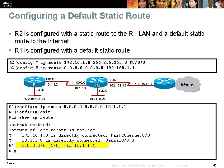 Configuring a Default Static Route § R 2 is configured with a static route Configuring a Default Static Route § R 2 is configured with a static route