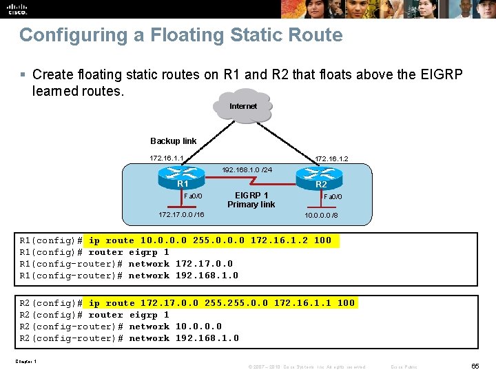 Configuring a Floating Static Route § Create floating static routes on R 1 and Configuring a Floating Static Route § Create floating static routes on R 1 and