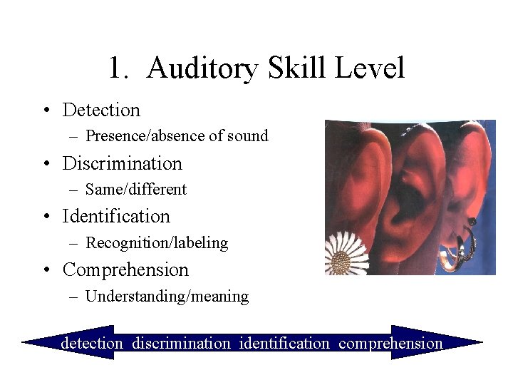 1. Auditory Skill Level • Detection – Presence/absence of sound • Discrimination – Same/different