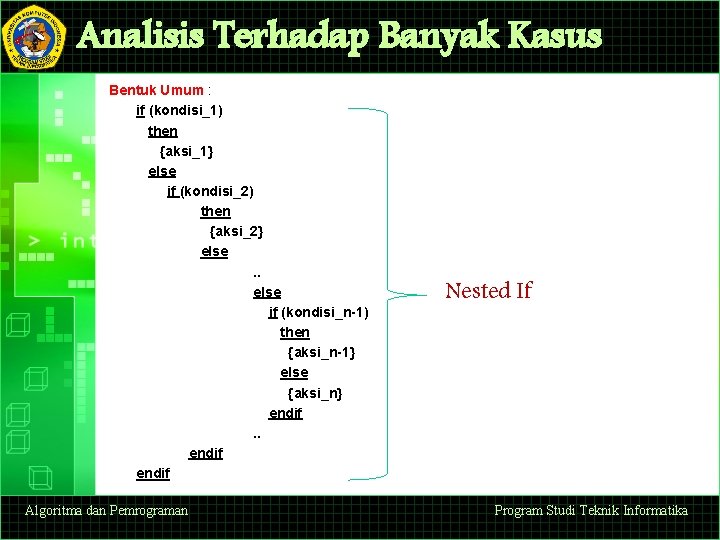 Analisis Terhadap Banyak Kasus Bentuk Umum : if (kondisi_1) then {aksi_1} else if (kondisi_2)