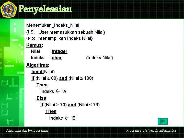 Penyelesaian Menentukan_Indeks_Nilai {I. S. : User memasukkan sebuah Nilai} {F. S. : menampilkan Indeks