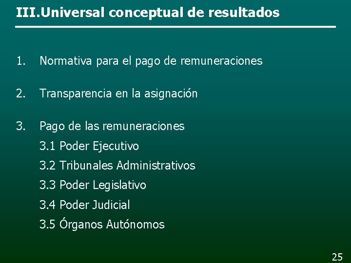 III. Universal conceptual de resultados 1. Normativa para el pago de remuneraciones 2. Transparencia