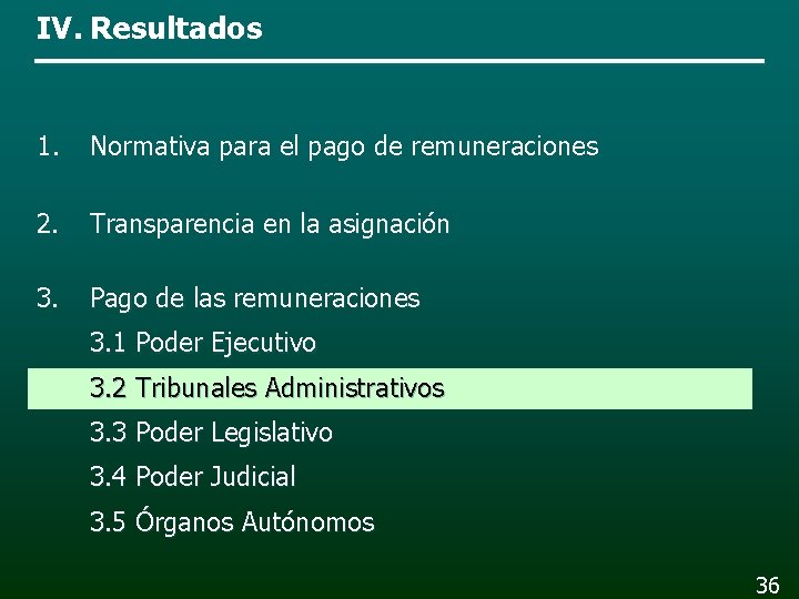 IV. Resultados 1. Normativa para el pago de remuneraciones 2. Transparencia en la asignación