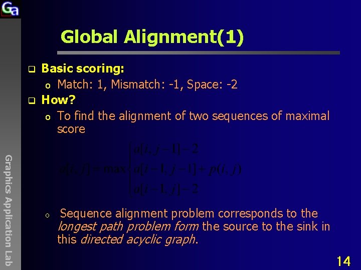 Global Alignment(1) q q Basic scoring: o Match: 1, Mismatch: -1, Space: -2 How?