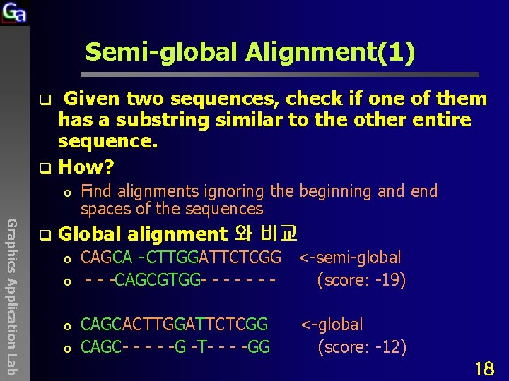 Semi-global Alignment(1) Given two sequences, check if one of them has a substring similar