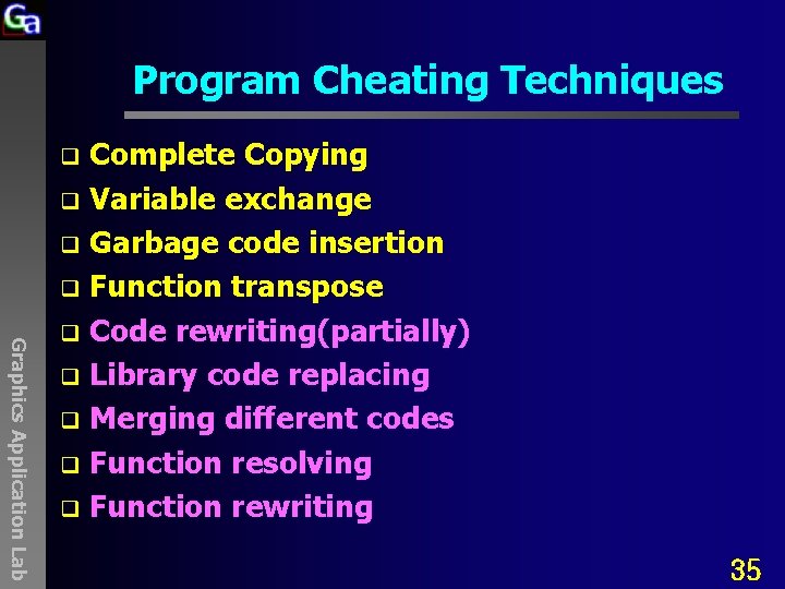 Program Cheating Techniques Complete Copying q Variable exchange q Garbage code insertion q Function