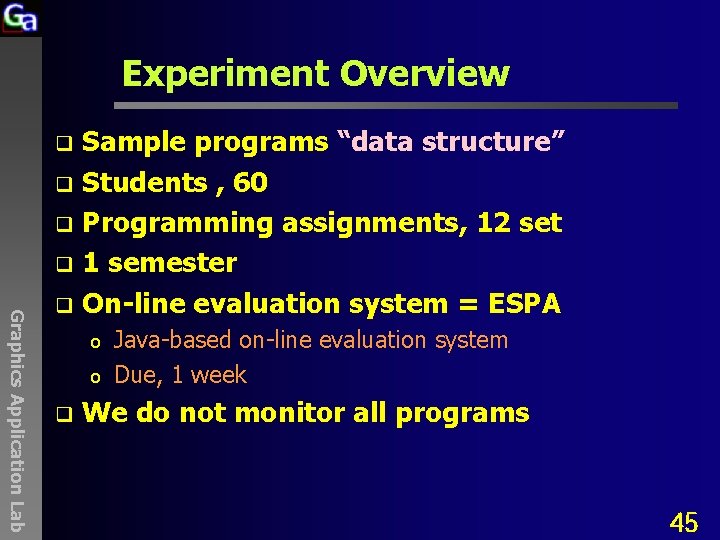Experiment Overview Sample programs “data structure” q Students , 60 q Programming assignments, 12