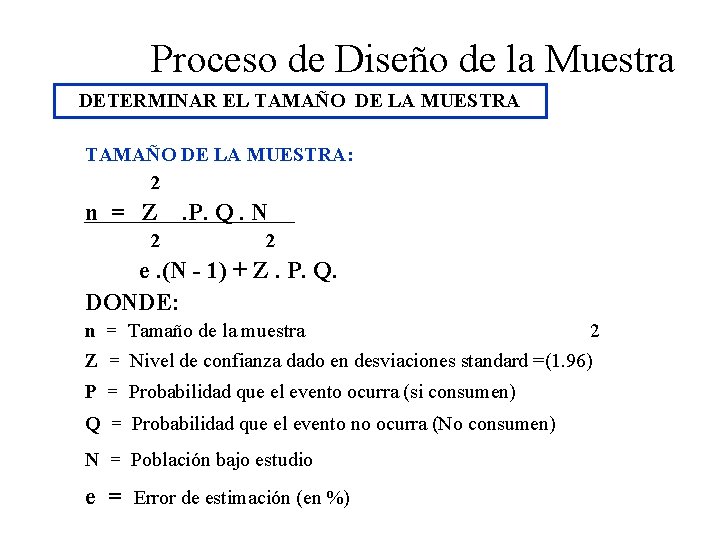 Proceso de Diseño de la Muestra DETERMINAR EL TAMAÑO DE LA MUESTRA: 2 n