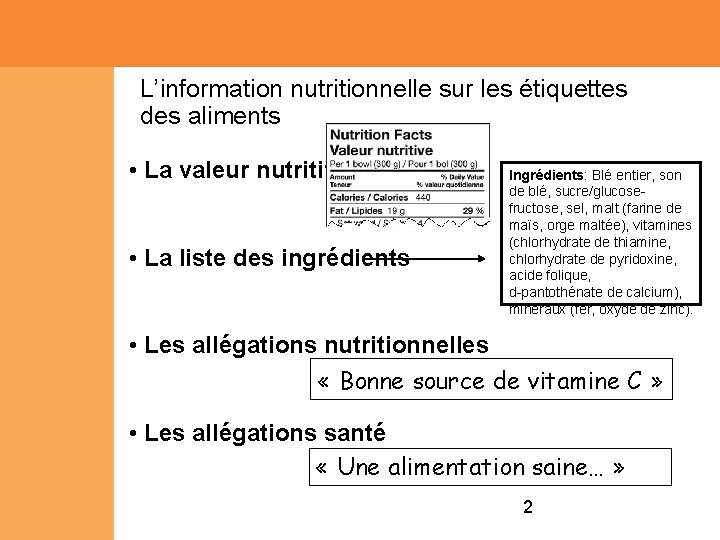 L’information nutritionnelle sur les étiquettes des aliments • La valeur nutritive • La liste