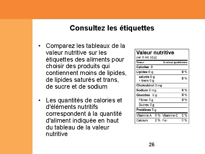 Consultez les étiquettes • Comparez les tableaux de la valeur nutritive sur les étiquettes