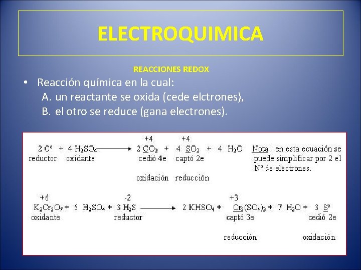 ELECTROQUIMICA REACCIONES REDOX • Reacción química en la cual: A. un reactante se oxida