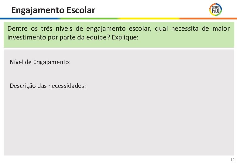 Engajamento Escolar Dentre os três níveis de engajamento escolar, qual necessita de maior investimento Engajamento Escolar Dentre os três níveis de engajamento escolar, qual necessita de maior investimento