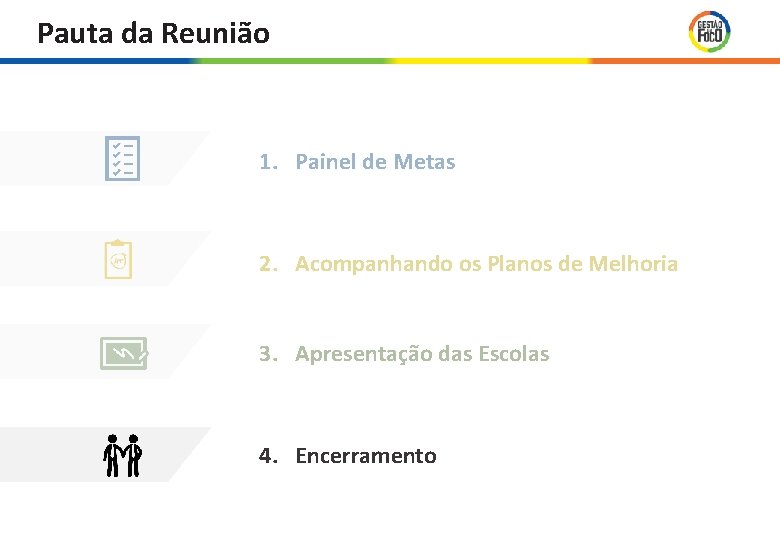 Pauta da Reunião 1. Painel de Metas 2. Acompanhando os Planos de Melhoria 3. Pauta da Reunião 1. Painel de Metas 2. Acompanhando os Planos de Melhoria 3.