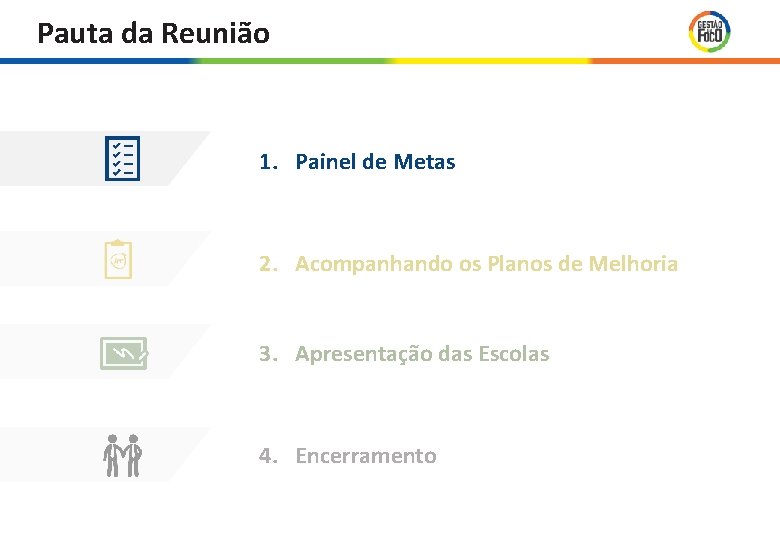 Pauta da Reunião 1. Painel de Metas 2. Acompanhando os Planos de Melhoria 3. Pauta da Reunião 1. Painel de Metas 2. Acompanhando os Planos de Melhoria 3.