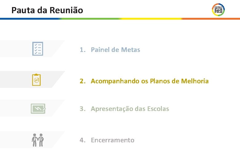 Pauta da Reunião 1. Painel de Metas 2. Acompanhando os Planos de Melhoria 3. Pauta da Reunião 1. Painel de Metas 2. Acompanhando os Planos de Melhoria 3.