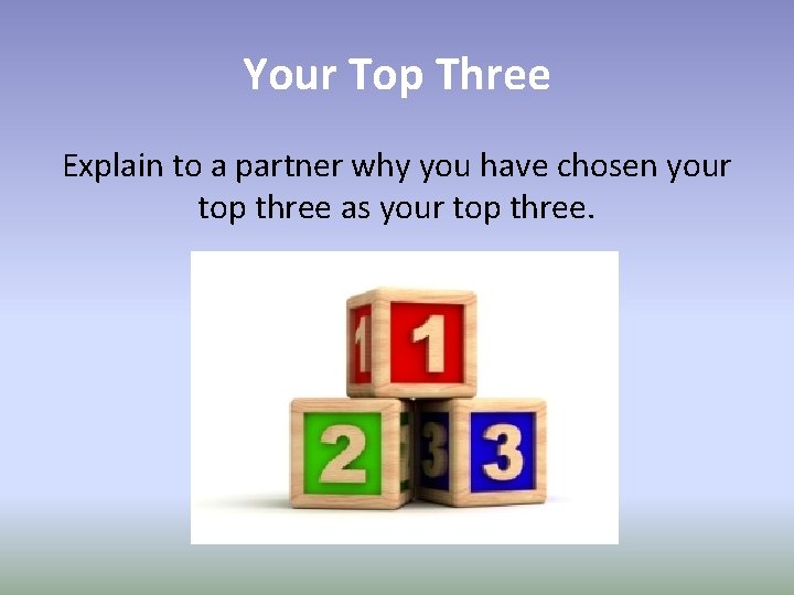 Your Top Three Explain to a partner why you have chosen your top three