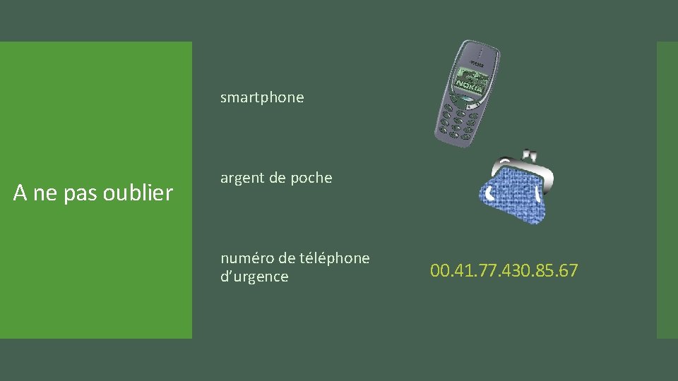 smartphone A ne pas oublier argent de poche numéro de téléphone d’urgence 00. 41.