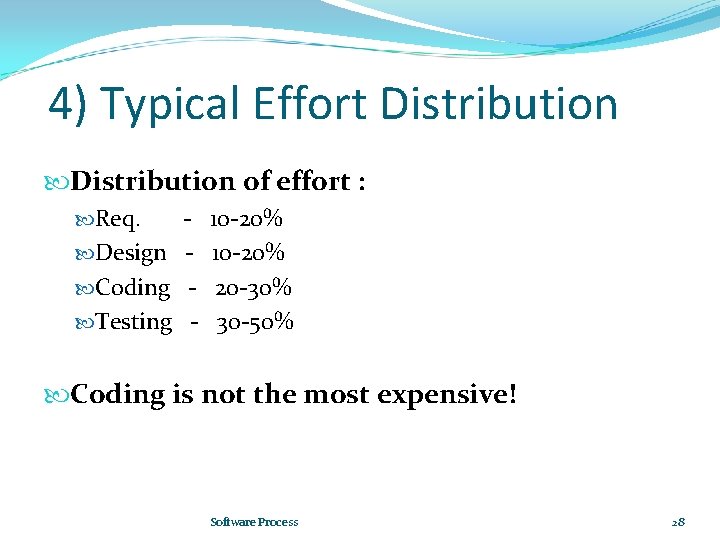 4) Typical Effort Distribution of effort : Req. Design Coding Testing - 10 -20%