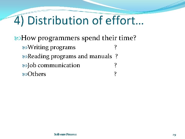 4) Distribution of effort… How programmers spend their time? Writing programs ? Reading programs