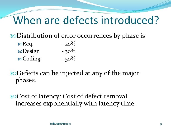 When are defects introduced? Distribution of error occurrences by phase is Req. Design Coding