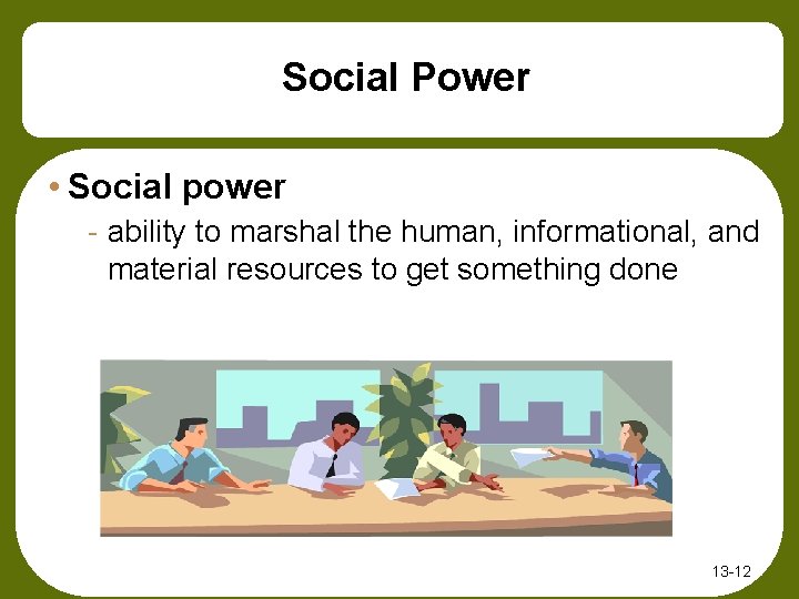 Social Power • Social power - ability to marshal the human, informational, and material