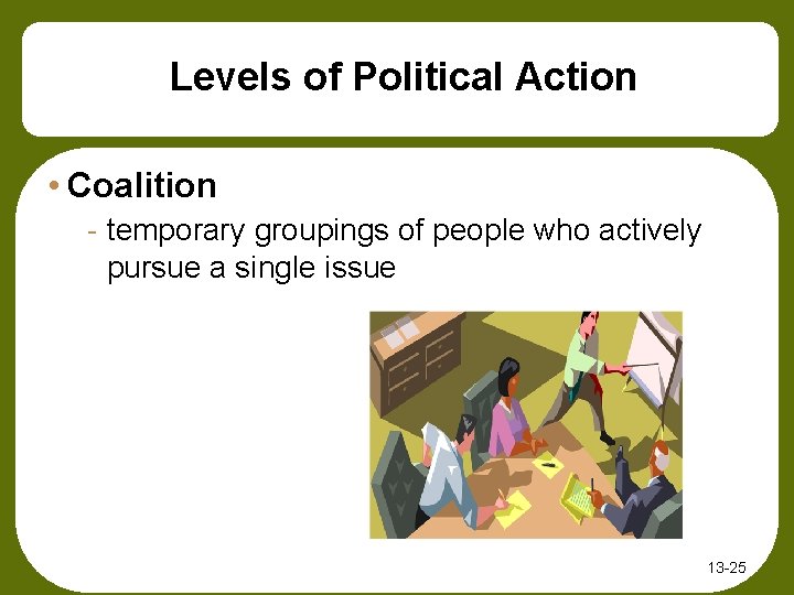 Levels of Political Action • Coalition - temporary groupings of people who actively pursue