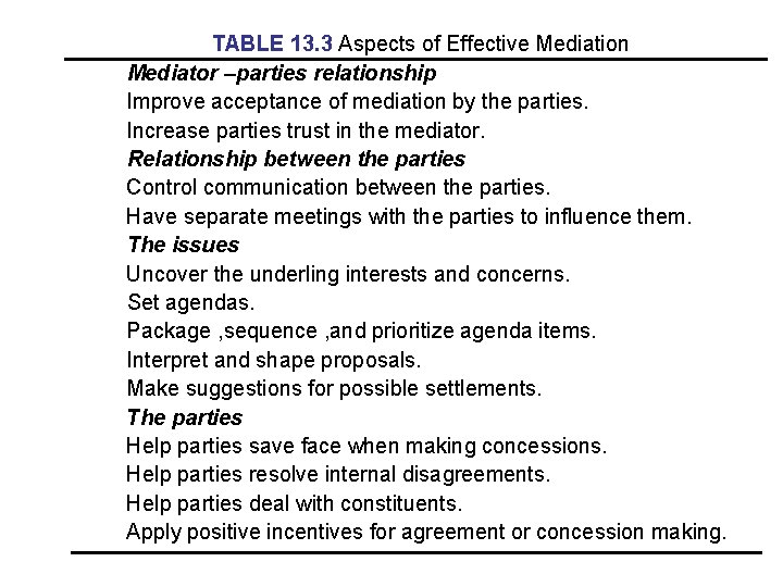TABLE 13. 3 Aspects of Effective Mediation Mediator –parties relationship Improve acceptance of mediation