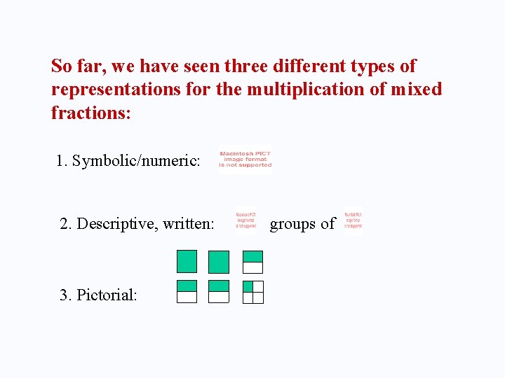 So far, we have seen three different types of representations for the multiplication of