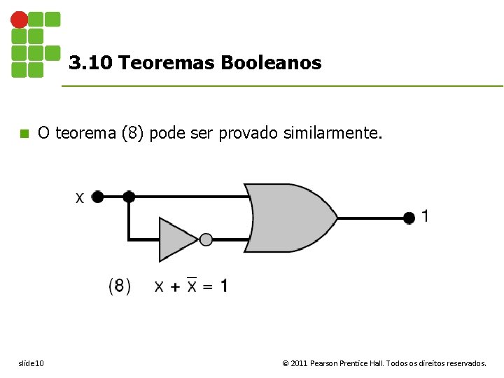 3. 10 Teoremas Booleanos n O teorema (8) pode ser provado similarmente. slide 10