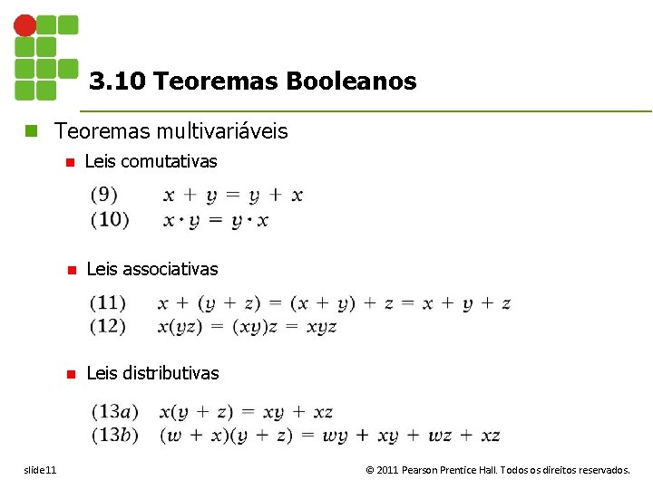 3. 10 Teoremas Booleanos n Teoremas multivariáveis slide 11 n Leis comutativas n Leis