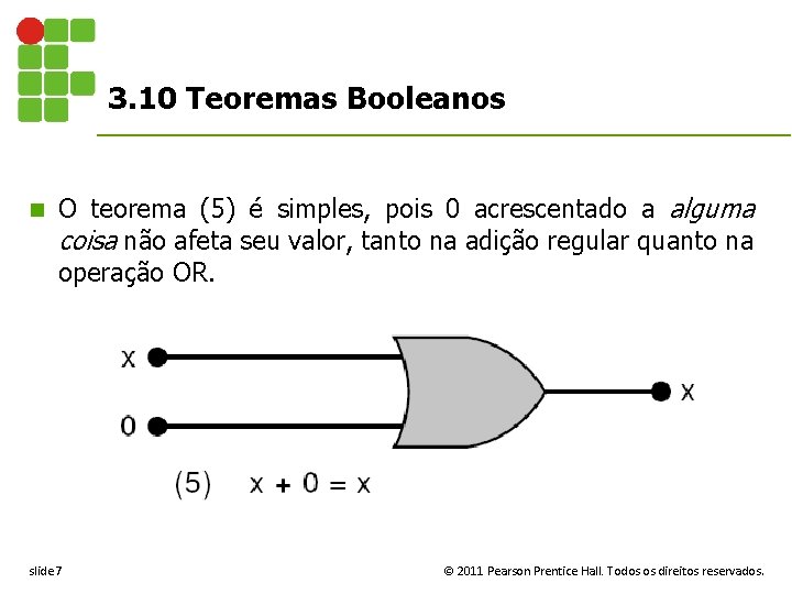 3. 10 Teoremas Booleanos n O teorema (5) é simples, pois 0 acrescentado a