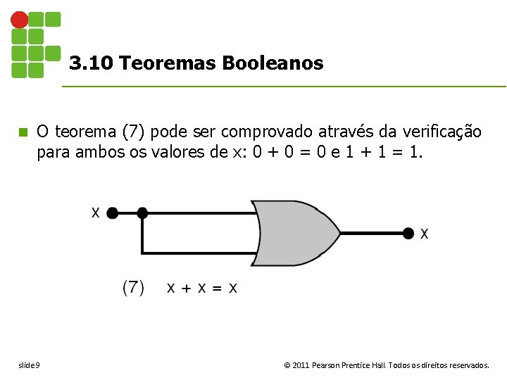 3. 10 Teoremas Booleanos n O teorema (7) pode ser comprovado através da verificação