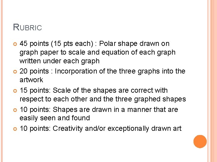 RUBRIC 45 points (15 pts each) : Polar shape drawn on graph paper to