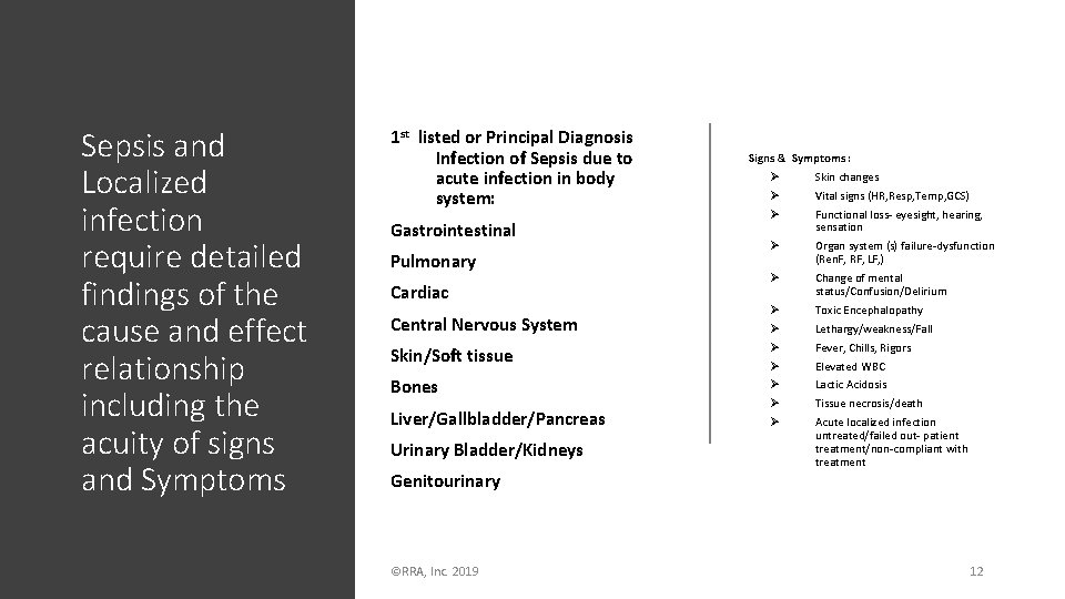 Sepsis and Localized infection require detailed findings of the cause and effect relationship including