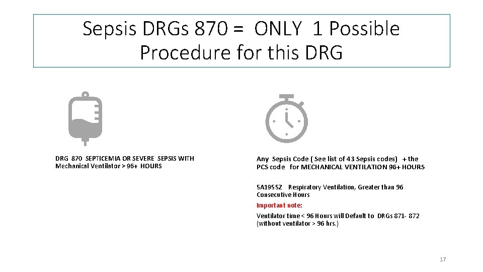 Sepsis DRGs 870 = ONLY 1 Possible Procedure for this DRG 870 SEPTICEMIA OR