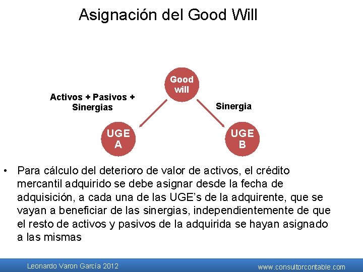 Asignación del Good Will Activos + Pasivos + Sinergias UGE A Good will Sinergia Asignación del Good Will Activos + Pasivos + Sinergias UGE A Good will Sinergia