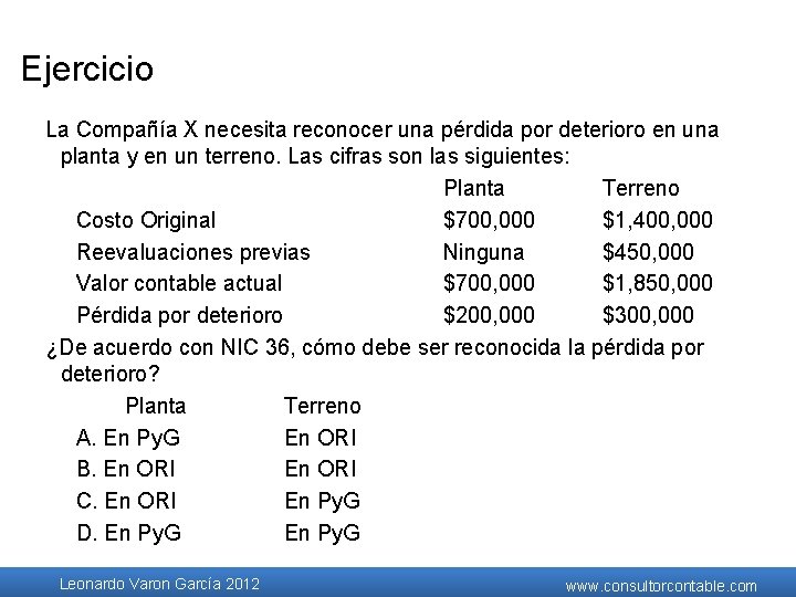 Ejercicio La Compañía X necesita reconocer una pérdida por deterioro en una planta y Ejercicio La Compañía X necesita reconocer una pérdida por deterioro en una planta y