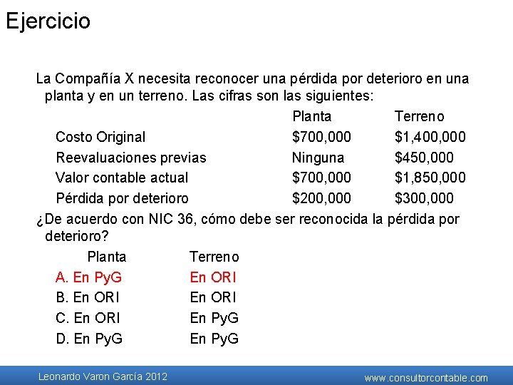 Ejercicio La Compañía X necesita reconocer una pérdida por deterioro en una planta y Ejercicio La Compañía X necesita reconocer una pérdida por deterioro en una planta y