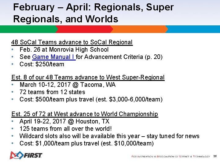 February – April: Regionals, Super Regionals, and Worlds 48 So. Cal Teams advance to