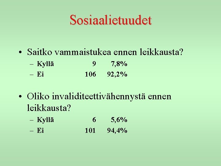 Sosiaalietuudet • Saitko vammaistukea ennen leikkausta? – Kyllä – Ei 9 106 7, 8%