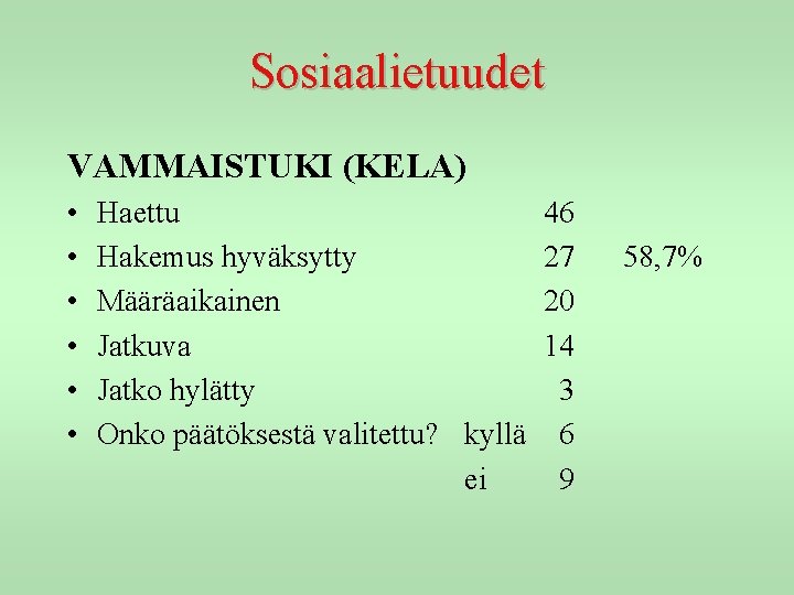 Sosiaalietuudet VAMMAISTUKI (KELA) • • • Haettu Hakemus hyväksytty Määräaikainen Jatkuva Jatko hylätty Onko