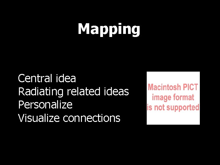 Mapping Central idea Radiating related ideas Personalize Visualize connections 